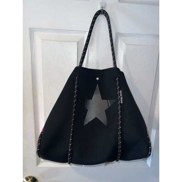 Neoprene Star Convertible Tote Bag Large With Detachable Cosmetic Bag Black Pink - Picture 2 of 12